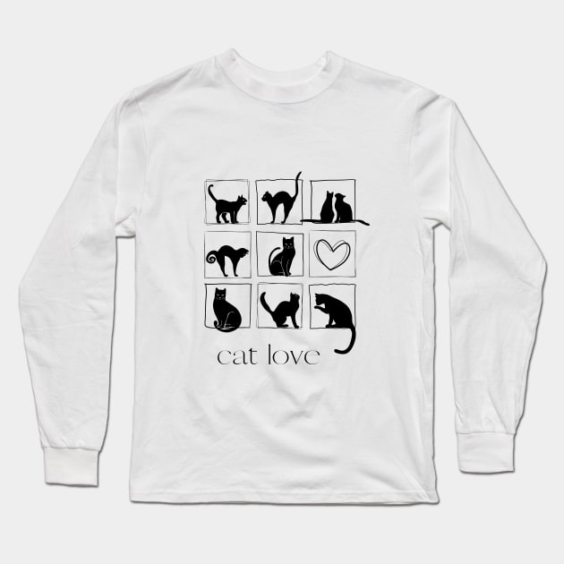 Nine black cats in square frame and one heart Long Sleeve T-Shirt by Artpassion